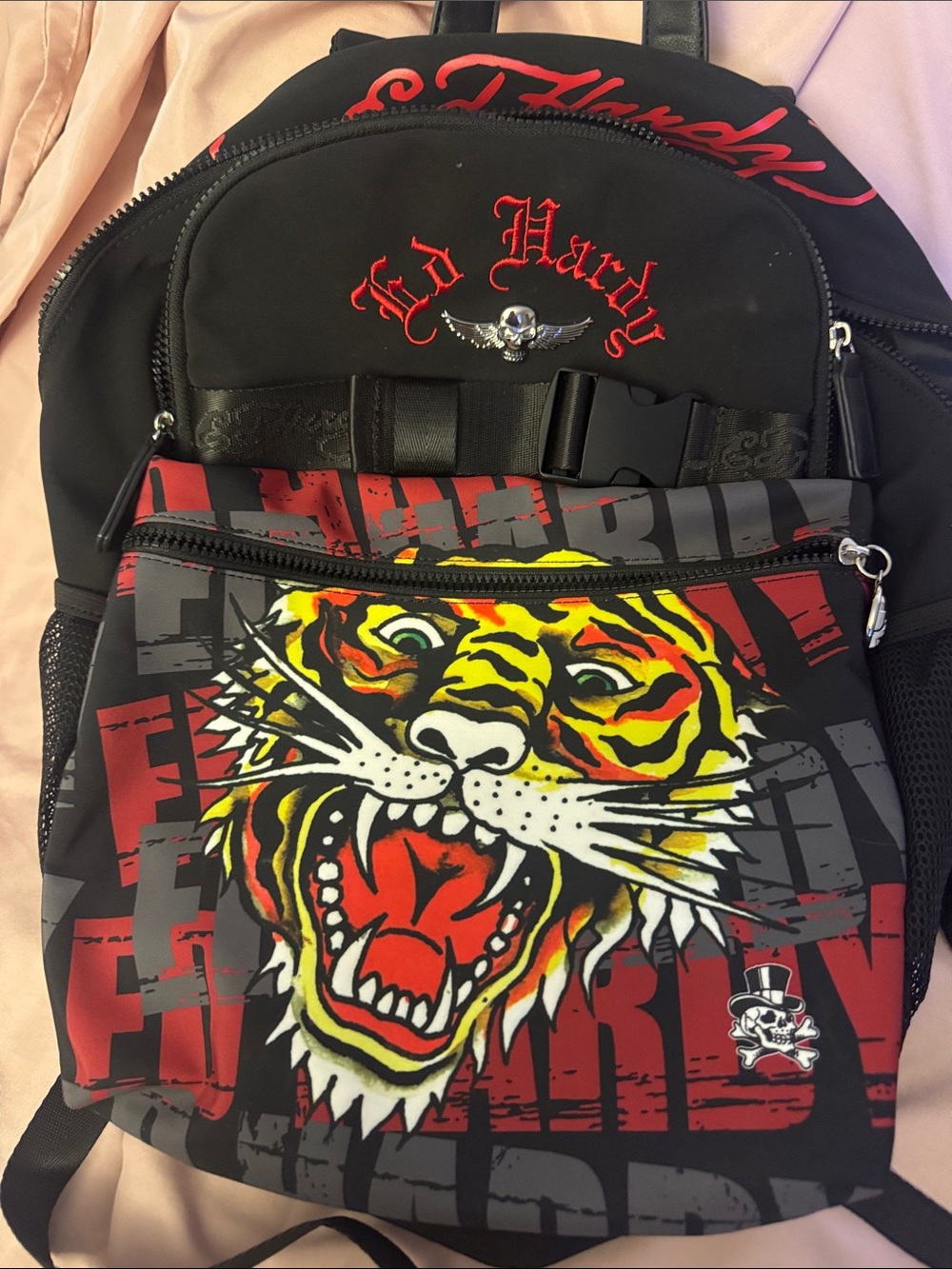 Ed Hardy Black Backpack with Red, Yellow & White Fierce Tiger Graphic